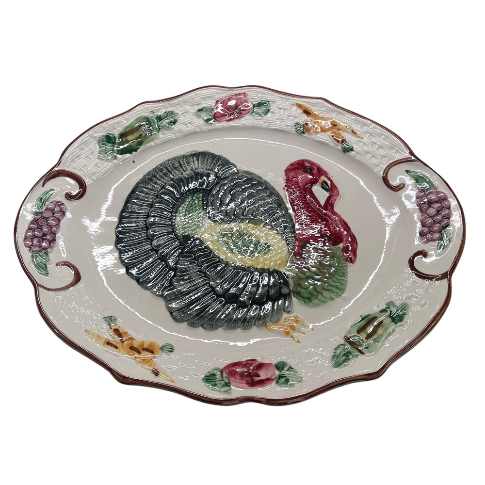 Vintage Made in California Ceramic Turkey Platter Thanksgiving Harvest 18.5in